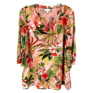 J. Jill sheer floral palm leaves ruffle sleeves women’s tunic blouse